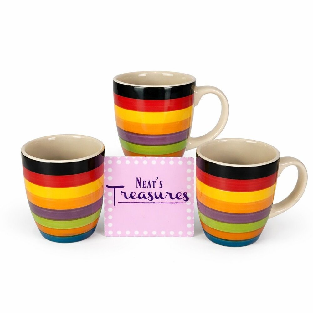 Philippe Richard RONDO Color Band Stoneware Hand Painted 10oz Cups Mugs Set of 3